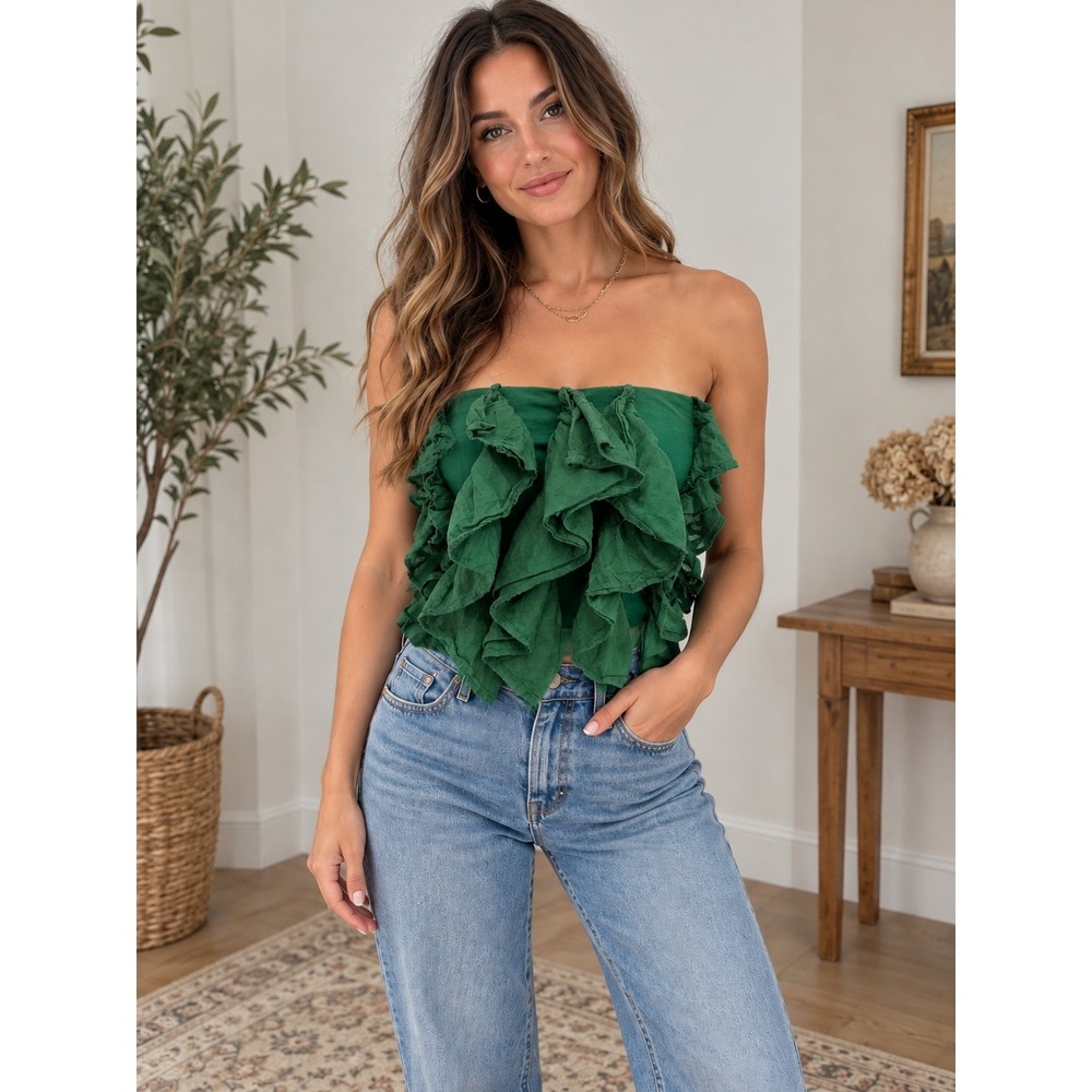 Anthropologie Green Ruffle Strapless Tube Top | XS/S | Cottagecore Boho